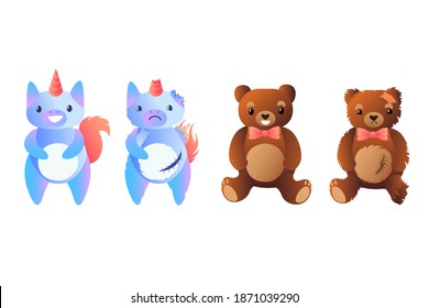 The most popular soft toys unicorn and teddy bear for children on a white background. Torn shabby toys. Fabric patches, toy repair.