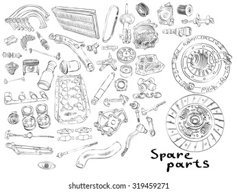 The most popular spare parts, auto parts of the chassis, transmission, brake and clutch. Isolated on a white background. Many new auto parts for aftermarket, OEM spare parts. Car part for auto service