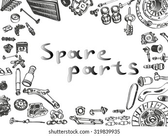 The most popular spare parts, auto parts of the chassis, transmission, brake and clutch. Isolated on a white background. Many new auto parts for aftermarket, OEM spare parts. Car part for auto service