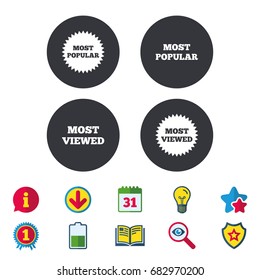 Most popular star icon. Most viewed symbols. Clients or customers choice signs. Calendar, Information and Download signs. Stars, Award and Book icons. Light bulb, Shield and Search. Vector