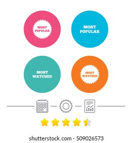 Most popular star icon. Most watched symbols. Clients or users choice signs. Calendar, cogwheel and report linear icons. Star vote ranking. Vector