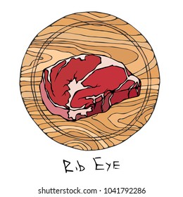 Most Popular Steak Rib Eye on a Round Wooden Cutting Board. Beef Cut. Meat Guide for Butcher Shop or Steak House Restaurant Menu. Hand Drawn Illustration. Savoyar Doodle Style.