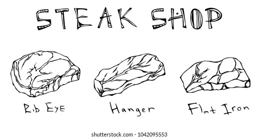 Most Popular Steak Types Set. Beef Cuts. Top Meat Guide for Butcher Shop or Steak House Restaurant Menu. Hand Drawn Vector Illustration. Savoyar Doodle Style. Rib Eye, Hanger, Flat Iron.