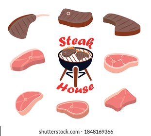 Most Popular Steak Types Set. Grilled steak, beef meats and filet mignon.