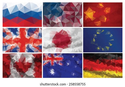 Most popular world flags. Geometric polygonal style.