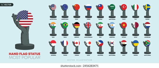 Diseño Las más populares de la Ilustración vectorial de las banderas del mundo. Estatua de bandera redonda en mano