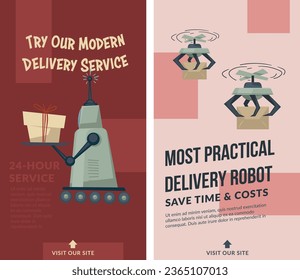 Most practical delivery robots, save time and costs on couriers. Shops and stores solutions for dealing with huge amounts of orders and parcels to clients and customers. Vector in flat style