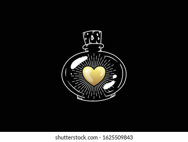 The most precious heart in the bottle, Shiny heart or love symbol in the bottle illustration in gold. magic boho vintage design style. For spiritual guidance, tarot readers, valentine gift cards.