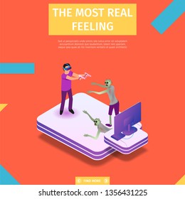 The Most Real Feeling Square Banner. Virtual Reality Composition. Man in Headset and Goggles Immersing in Vr World Holding Motion Controller Fight with Monsters 3D Flat Vector Isometric Illustration