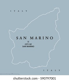 Most Serene Republic of San Marino political map with capital. Enclaved microstate surrounded by Italy. Gray illustration with English labeling. Vector