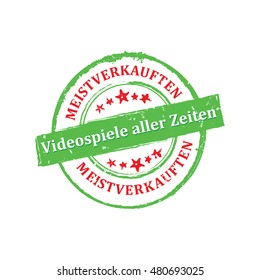 The most sold video game all the time (German language) - grunge label / sticker / stamp, also for print. CMYK colors used. Grunge layer is applied exactly on the colored stamp.