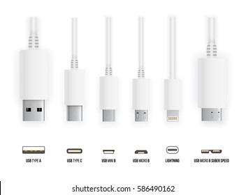 Большинство стандартных разъемов USB типа A, B и типа C, мини, микро, молния, универсальных компьютерных белых кабельных разъемов, векторная иллюстрация вида сверху