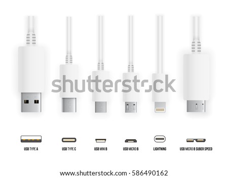 Most of standart USB type A, B and type C plugs, mini, micro, lightning, universal computer white cable connectors, top view vector illustration Stock photo © 