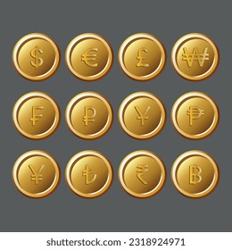 Most used currency symbol and golden coins set on grey background. Vector illustration. 
