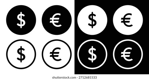 Símbolos de moneda más utilizados. Icono de Conversión de Moneda. Paquete de iconos de monedas de euro y dólar. Iconos planos de Internet diseñados para App e interfaces digitales. financiación y cambio de divisas. EPS 10. 