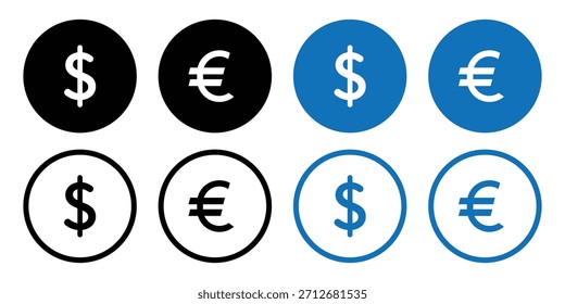 Símbolos de moneda más utilizados. Icono de Conversión de Moneda. Paquete de iconos de monedas de euro y dólar. Iconos planos de Internet diseñados para App e interfaces digitales. financiación y cambio de divisas. EPS 10. 
