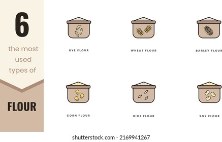 The most used types of flour icons. Rye, wheat, barley, soy, rice and cor. In lineart, outline, solid, colored styles. For wesite design, mobile app, software 