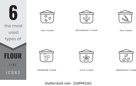 The most used types of flour line icons. Flax, amaranth, oat, buckwheat, pea and sorgnum. In lineart, outline, solid, colored styles. For website design, mobile app, software 