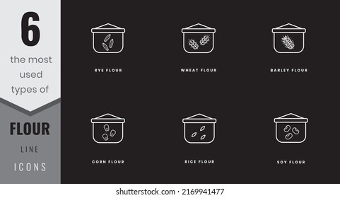 The most used types of flour line icons. Rye, wheat, barley, soy, rice and cor. In lineart, outline, solid, colored styles. For website design, mobile app, software 