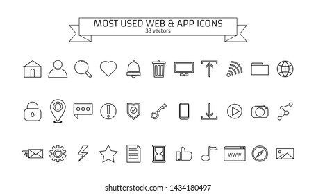 Most used webdesign and app icons, ui set, vector illustration