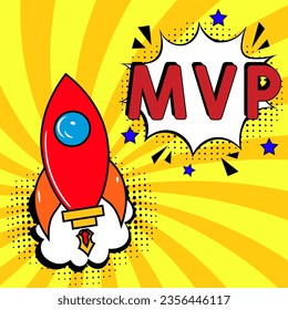 Jugador más valioso - siglas MVP. Explosión de historietas con texto - MVP. Ilustración de dibujos animados brillantes en estilo retro de arte pop. Se puede usar para negocios, marketing y publicidad.  Volante de banners