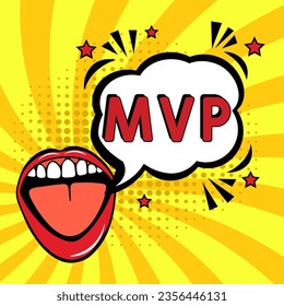 Most Valuable Player - MVP acronym. Comic book explosion with text -  MVP. Vector bright cartoon illustration in retro pop art style. Can be used for business, marketing and advertising.  Banner flyer