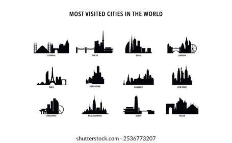 Ciudades más visitadas - logo, paquete de iconos con los horizontes de Estambul, Tokio, Dubai, Londres, París, Hong Kong, Bangkok, Nueva York, Singapur, Kuala Lumpur, Seúl, Milán. Por turistas internacionales