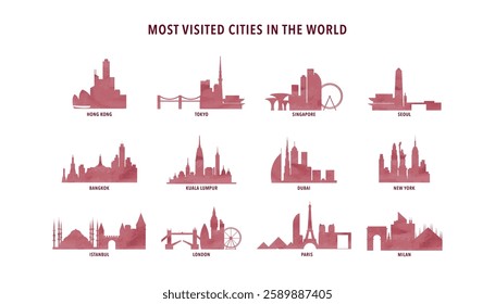 Most visited cities - watercolor logo, icon pack with skylines of Istanbul, Tokyo, Dubai, London, Paris, Hong Kong, Bangkok, New York, Singapore, Kuala Lumpur, Seoul, Milan. International tourists