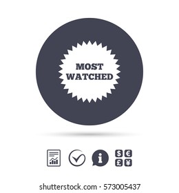Most watched sign icon. Most viewed symbol. Report document, information and check tick icons. Currency exchange. Vector