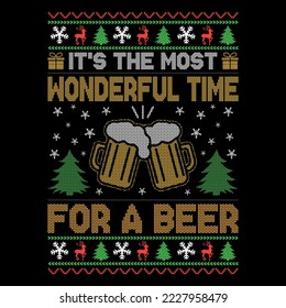 It's  the most wonderful time for a beer - Ugly Christmas sweater designs - vector Graphic