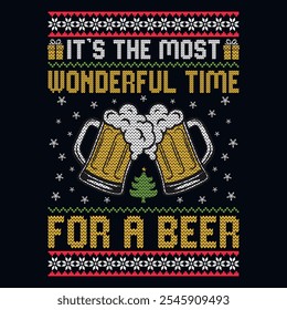 It's the most wonderful time for a beer - Ugly Christmas sweater designs - vector Graphic