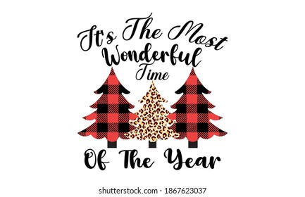 It's The Most Wonderful Time of The Year buffalo plaid and leopard print Christmas Vector and artclip