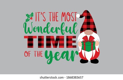 It's The Most Wonderful Time of The Year buffalo plaid Gnomes Christmas Vector and artclip