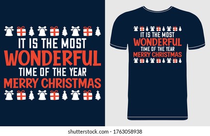 It's the Most Wonderful Time of the Year. Christmas Vector Illustration For Poster, Greeting, Print Template, Banner, Flyer, Mug. Seasonal Greetings in a Blue Background. For Men, Women & Children.

