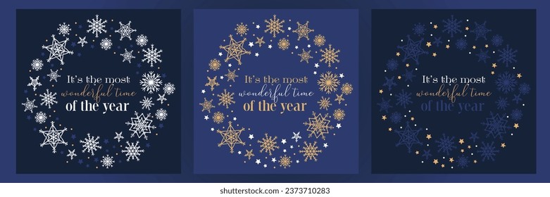 It's the most wonderful time of the year vector square visuals with stars and snowflakes in a circle resembling to a Christmas crown decoration.