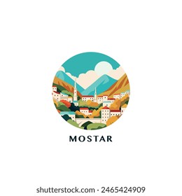 Mostar cityscape, vector badge, flat skyline logo, icon. Bosnia and Herzegovina city round emblem idea with landmarks and building silhouettes. Isolated graphic