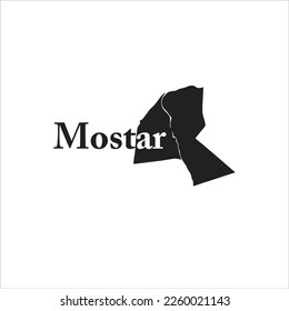 Mostar-Karte und schwarzes Buchstabendesign auf weißem Hintergrund