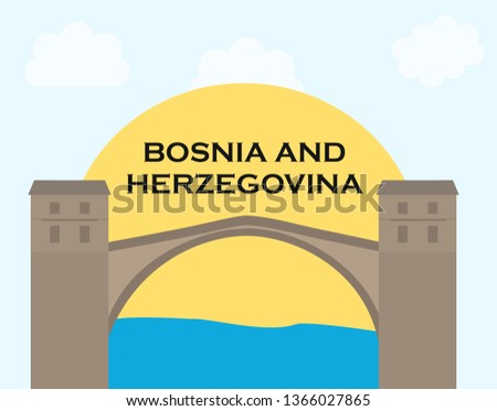 Mostar old town, Bosnia and Herzegovina, vector illustration.
country design template. World vacation travel sightseeing European collection. Stari Most aka Old Bridge in Mostar. Unesco world heritage