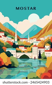 Mostar Retro-Stadtplakat mit abstrakten Formen der Skyline, Gebäuden. Bosnien und Herzegowina Stadt Vintage Reise Vektorillustration mit Stadtbild