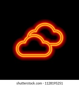 Mostly cloudy icon. Simple linear icon with thin outline. Orange neon style on black background. Light icon