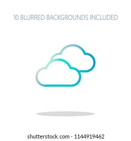 Mostly cloudy icon. Simple linear icon with thin outline. Colorful logo concept with simple shadow on white. 10 different blurred backgrounds included