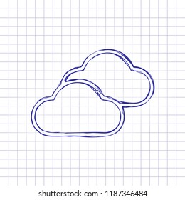 Mostly cloudy icon. Simple linear icon with thin outline. Hand drawn picture on paper sheet. Blue ink, outline sketch style. Doodle on checkered background