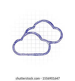 Mostly cloudy icon. Simple linear icon with thin outline. Hand drawn sketched picture with scribble fill. Blue ink. Doodle on white background