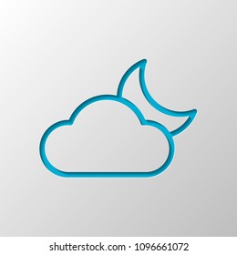 Mostly cloudy at night. Simple linear icon with thin outline. Paper design. Cutted symbol with shadow