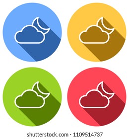 Mostly cloudy at night. Simple linear icon with thin outline. Set of white icons with long shadow on blue, orange, green and red colored circles. Sticker style