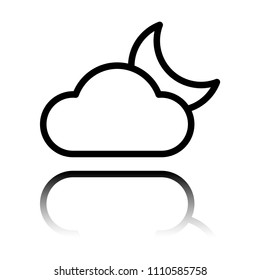 Mostly cloudy at night. Simple linear icon with thin outline. Black icon with mirror reflection on white background