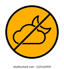 Mostly cloudy at night. Simple linear icon with thin outline. not allowed, black object in warning sign with orange background color