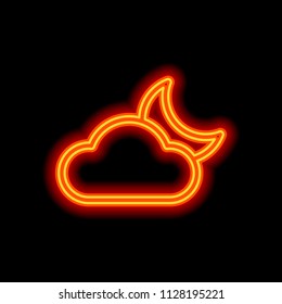 Mostly cloudy at night. Simple linear icon with thin outline. Orange neon style on black background. Light icon