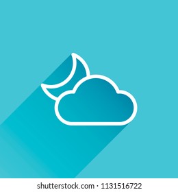 Mostly cloudy at night. Simple linear icon with thin outline. Gray icon with long shadow in bottom left corner on blue background
