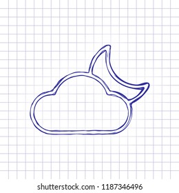 Mostly cloudy at night. Simple linear icon with thin outline. Hand drawn picture on paper sheet. Blue ink, outline sketch style. Doodle on checkered background